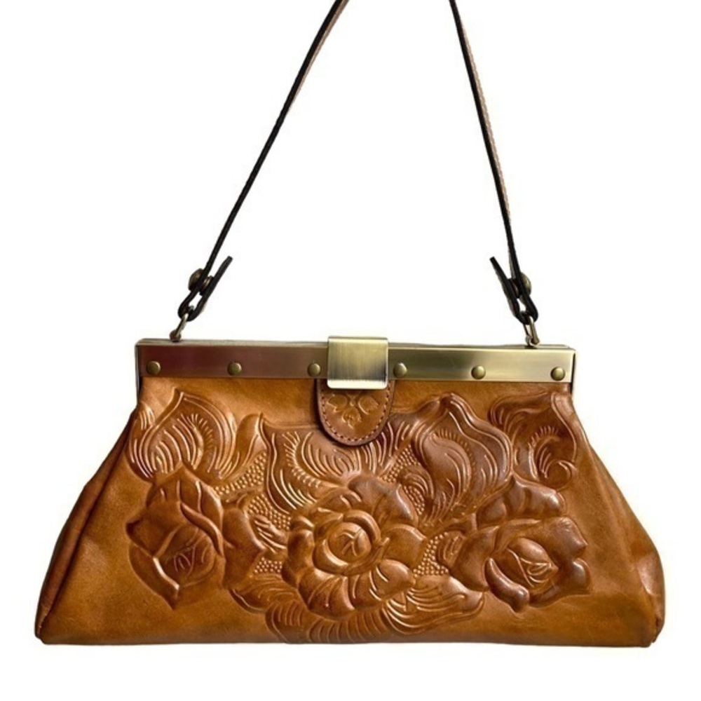Patricia Nash ferrera frame satchel brown tooled leather